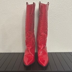 Glossy Red Heeled Cowboy Style Boots with Pointed Toe and High Thin Heel
